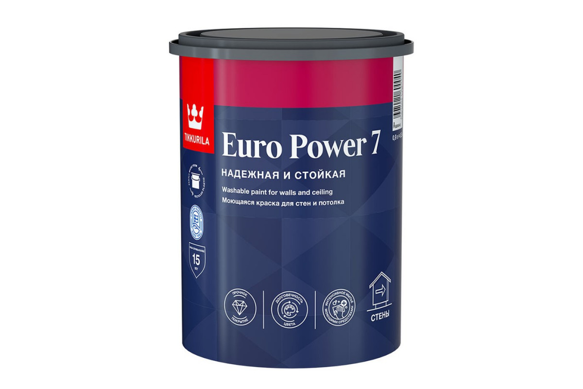 Краска моющаяся Tikkurila Euro Power 7 база А белая 0,9 л купить по цене  [price] – Интернет-магазин МАСТЕР